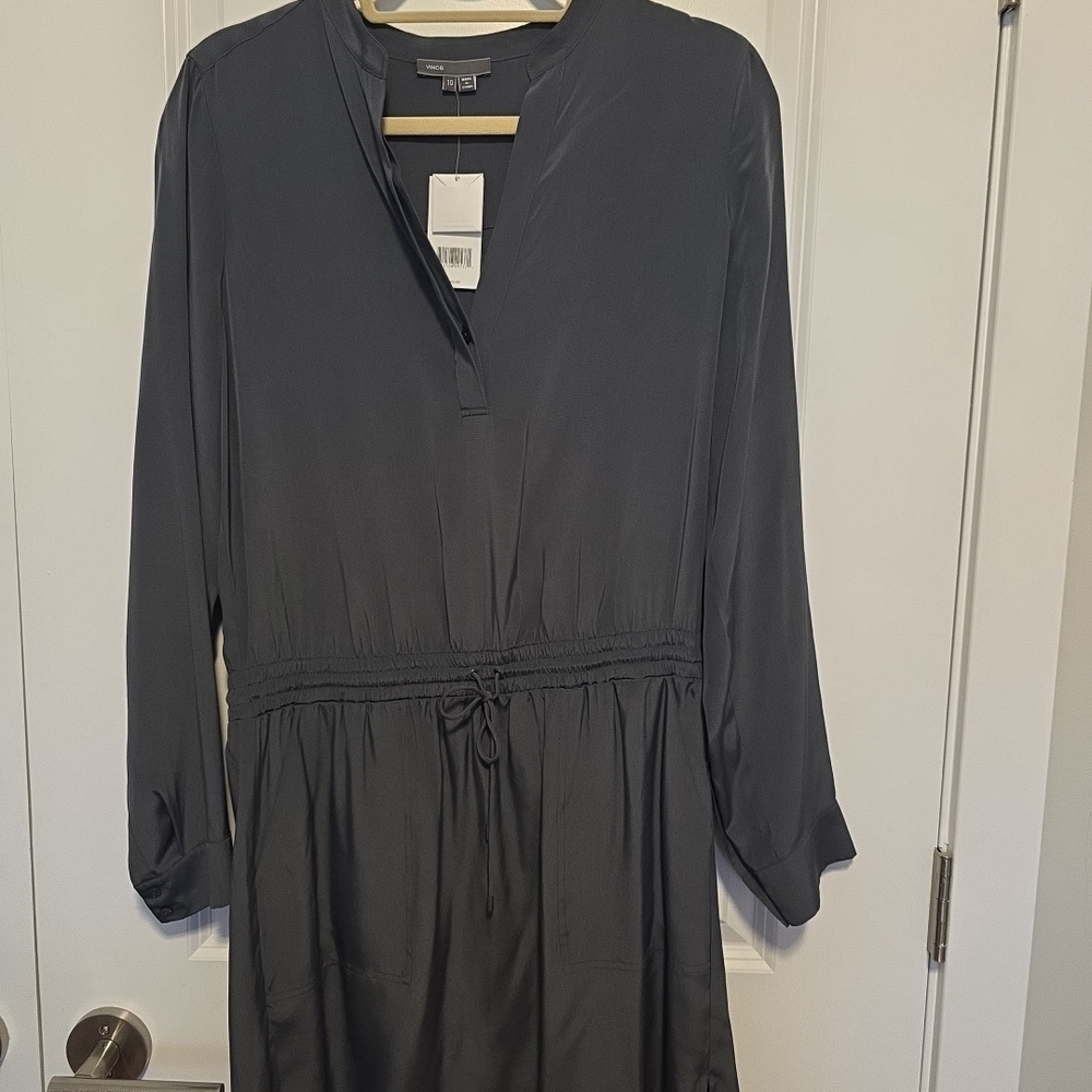 Vince Gray 100% Silk Dress Drawstring Large L NWT